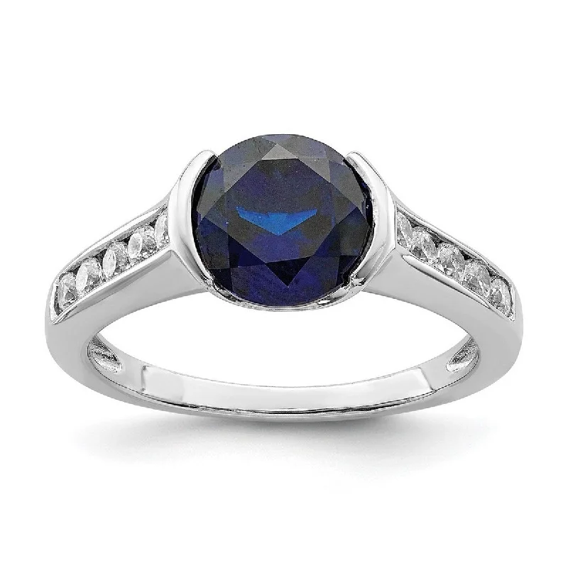 Hand-etched ring-Curata 925 Sterling Silver Open back Simulated Blue Sapphire and Cubic Zirconia Bezel Ring