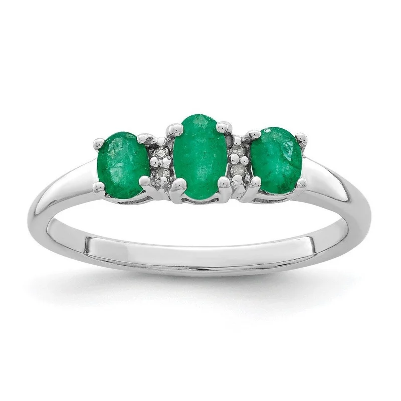 Soft arc ring-Curata 925 Sterling Silver Oval Polished Open back Rhodium 3 Emerald and Diamond Love Heart Ring