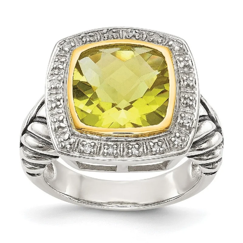 Glowing minimalist ring-Curata 925 Sterling Silver Polished Open back 14k Diamond Lemon Quartz Ring