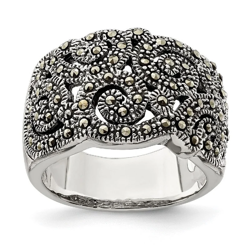 Flowing design ring-Curata 925 Sterling Silver Polished Open back Marcasite Ring