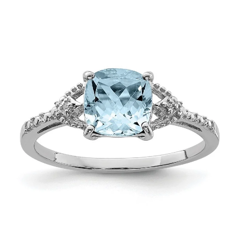 Wide-tier ring-Curata 925 Sterling Silver Polished Open back Rhodium Plated Diamond and Aquamarine Ring