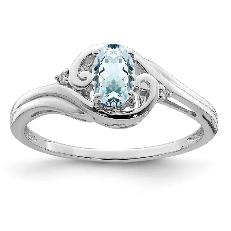 Droplet gem ring-Curata 925 Sterling Silver Polished Open back Rhodium Plated Diamond and Aquamarine Ring