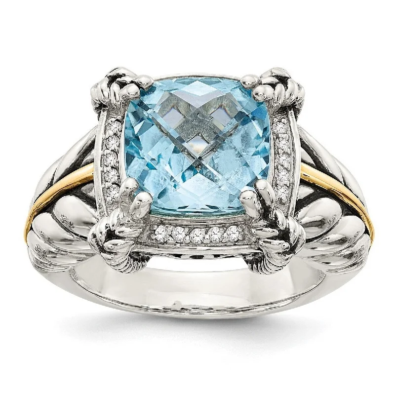 Thirteen-gem ring-Curata 925 Sterling Silver Polished Prong set 14k Yellow 10mm Cush Sky Blue Topaz Diamond Ring