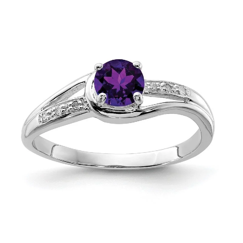 Luminous diamond ring-Curata 925 Sterling Silver Polished Prong set Open back Rhodium Plated Diamond and Amethyst Round Ring