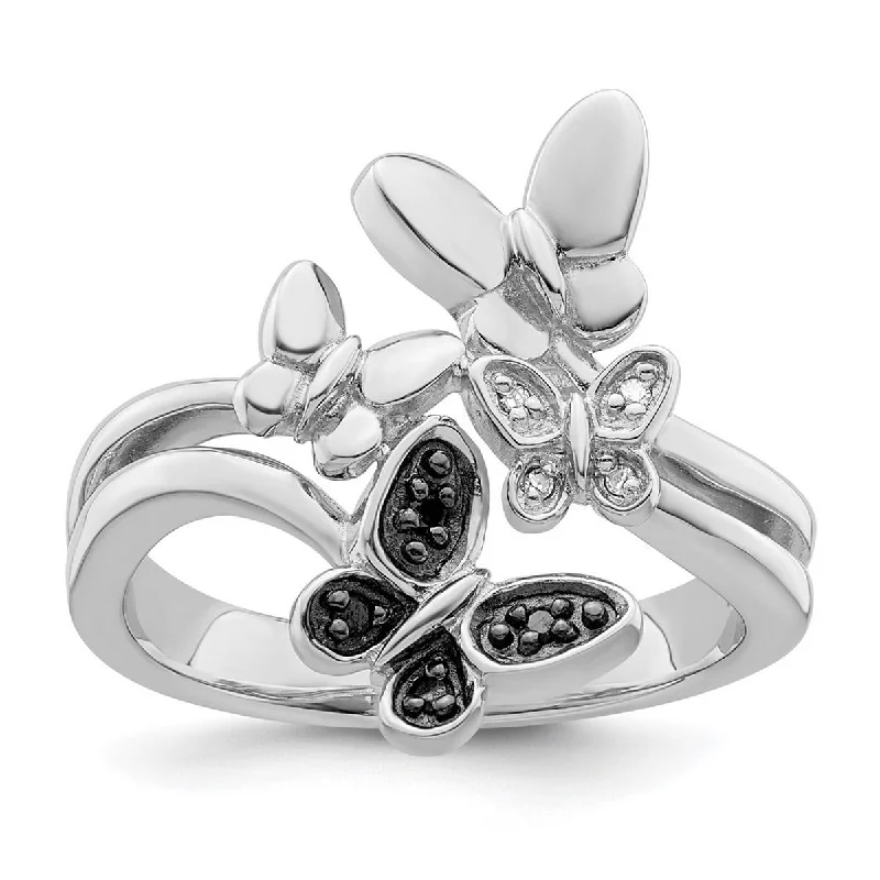 Mixed stone ring-Curata 925 Sterling Silver Polished Prong set White and Black Diamond Butterfly Angel Wings Ring