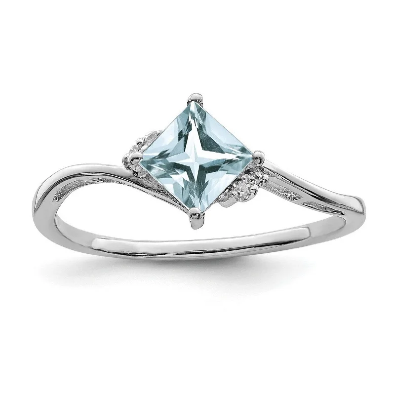 Polished zinc ring-Curata 925 Sterling Silver Polished Rhodium Plated Diamond and Aquamarine Square Ring