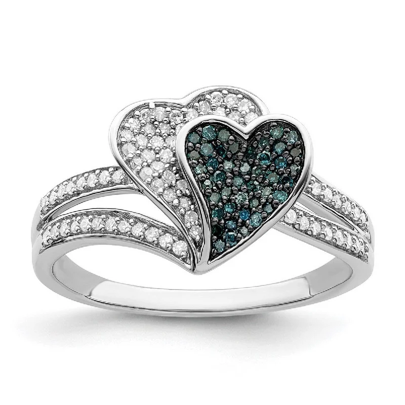 Dimpled ring-Curata 925 Sterling Silver Rhodium Plated Blue and White Diamond Love Hearts Ring