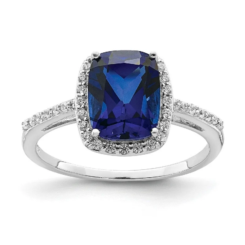 Buried stone ring-Curata 925 Sterling Silver Rhodium Plated Lab Created Blue Sapphire CZ Cubic Zirconia Ring