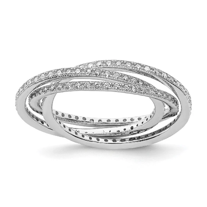 Quilted pattern ring-Curata 925 Sterling Silver Rhodium Plated Three 1.5mm Interlocking CZ Cubic Zirconia Rings