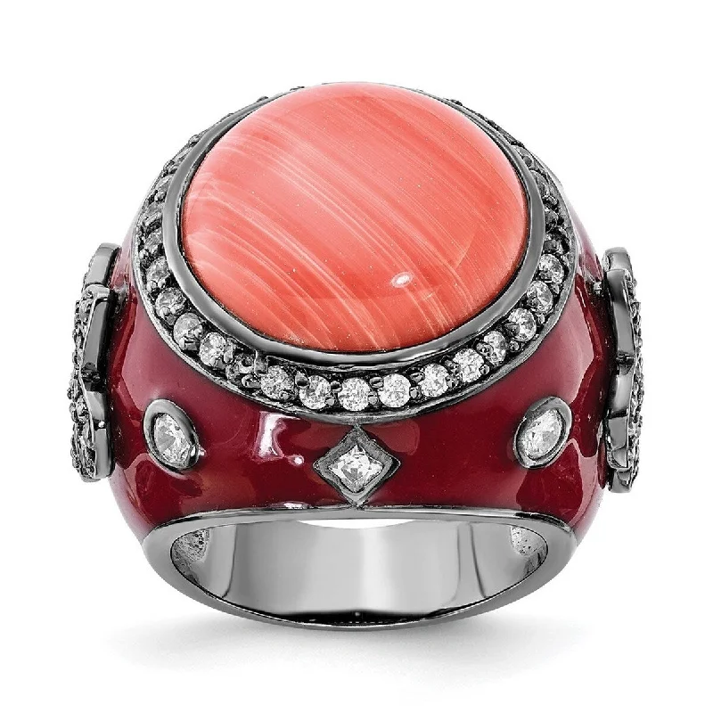 Pentagonal stone ring-Curata Black Plated 925 Sterling Silver Enamel Red Simulated Coral and Cubic Zirconia Ring