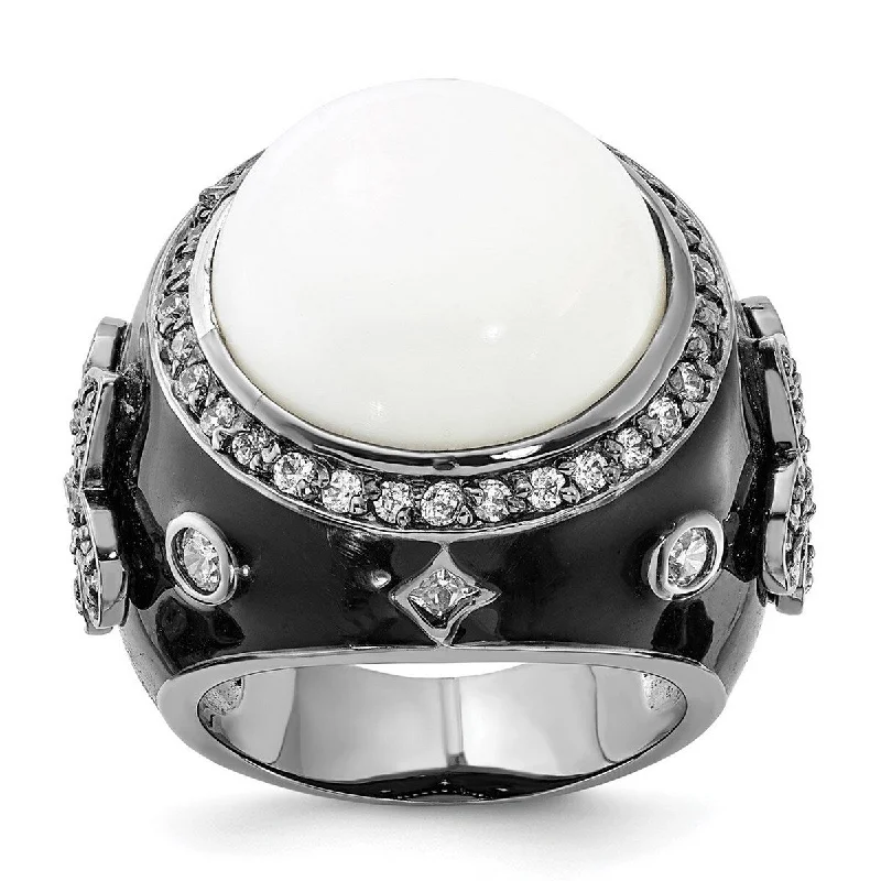 Plaited ring-Curata Black Plated 925 Sterling Silver Enamel Simulated White Agate and Cubic Zirconia Ring