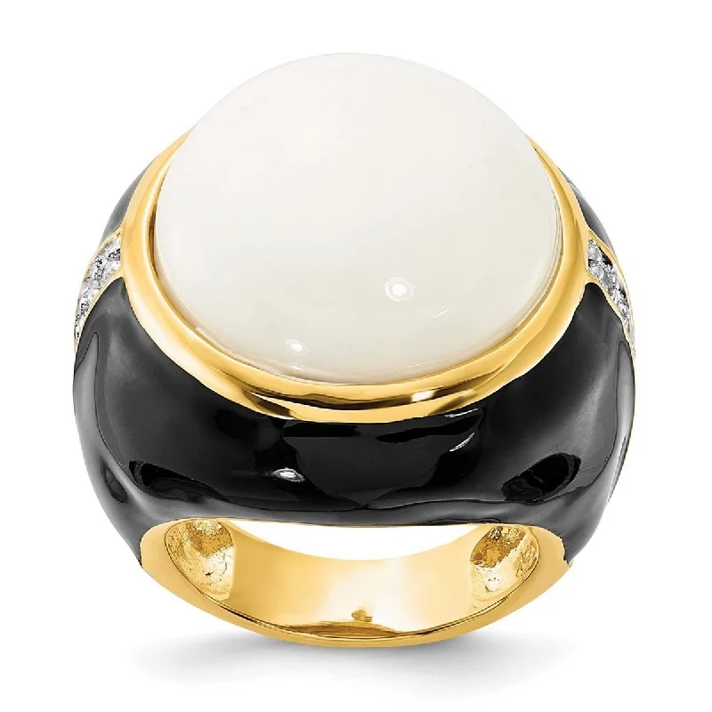 Embossed gem ring-Curata Gold Plated 925 Sterling Silver Blk Enam Simulated Wht Agate and Cubic Zirconia Ring