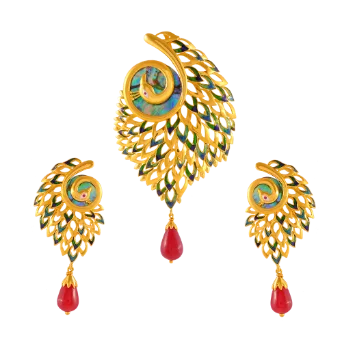 Surge design necklace-Elegant Peacock Shape 22k Gold Jewellery Set With A Red Stone