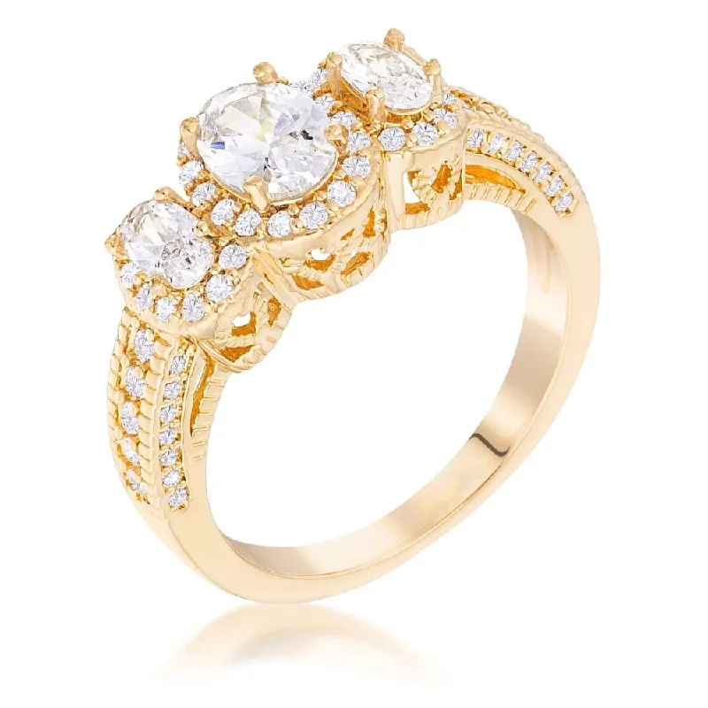 Satin gold ring-Gold Plated 3-Stone Clear Oval Cut CZ Halo Ring