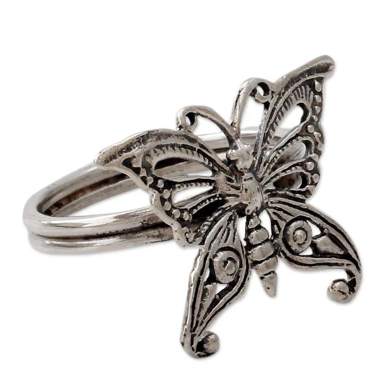 Vivid moonstone ring-Handmade Sterling Silver 'Butterfly' Cocktail Ring (India)