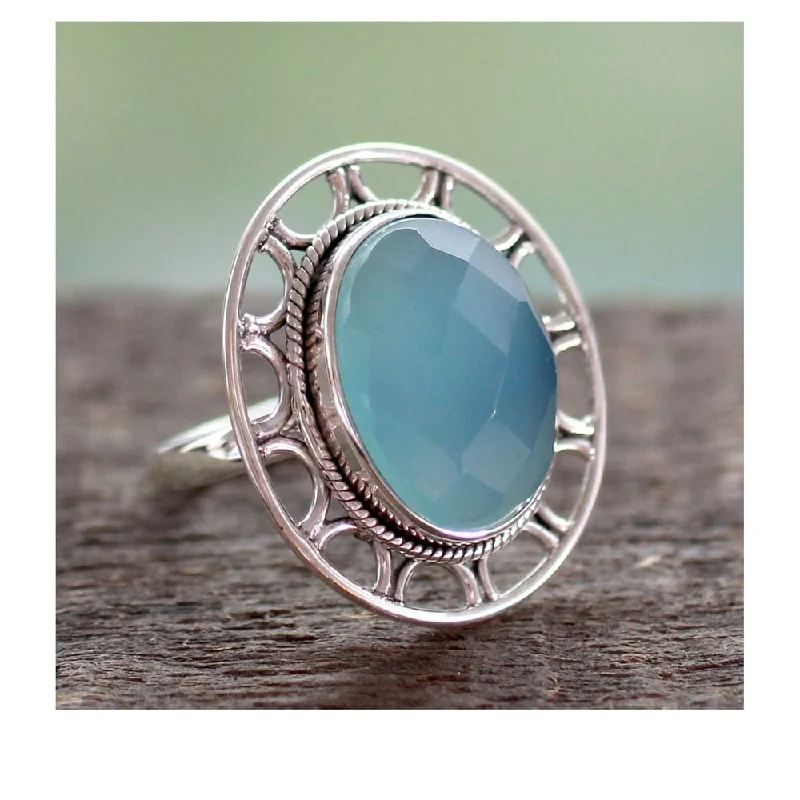 Tide motif ring-Handmade Sterling Silver 'Mumbai Sky' Chalcedony Cocktail Ring (India)