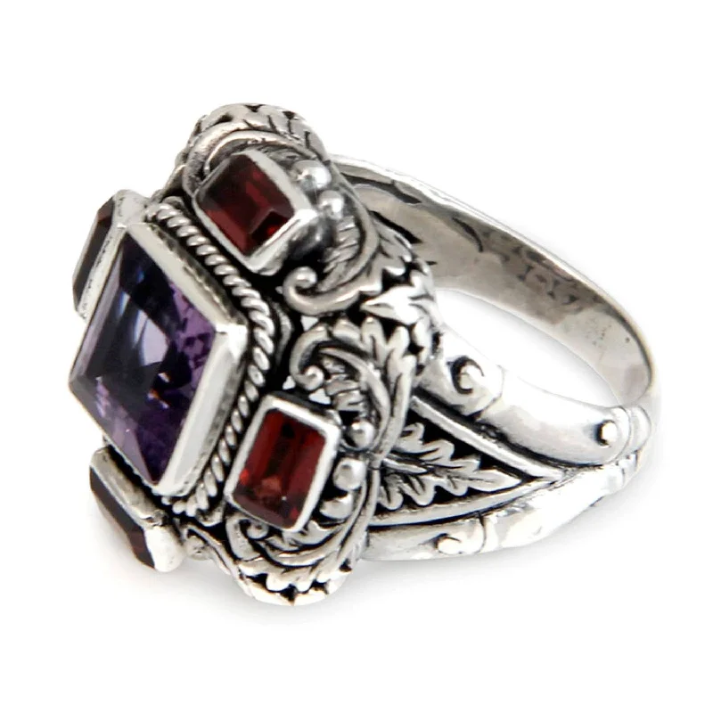 Smooth edge ring-Handmade Sterling Silver 'Temple Guardian' Garnet Amethyst Ring - Purple