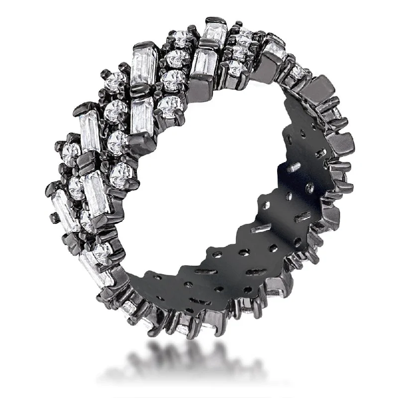 Quilted pattern ring-Hematite Clear CZ Alternating Baguette Round Eternity Band