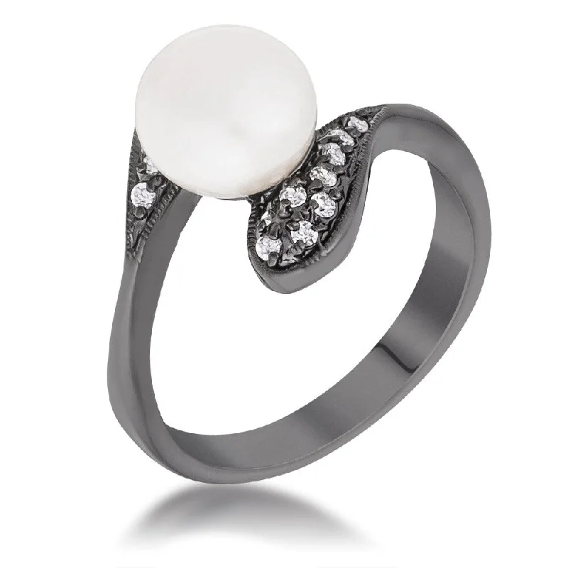 Parted-shank ring-Hematite Pearl Interlocked Double Teardrop Ring with Cubic Zirconia