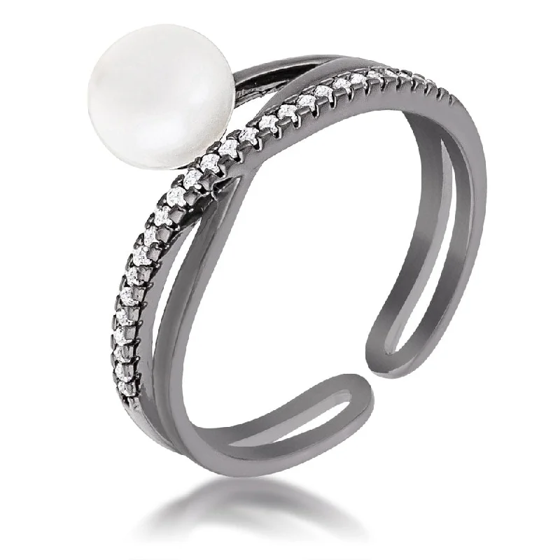 Leaning stone ring-Hematite Pearl Ribbon Bypass Half Pave Ring with Cubic Zirconia