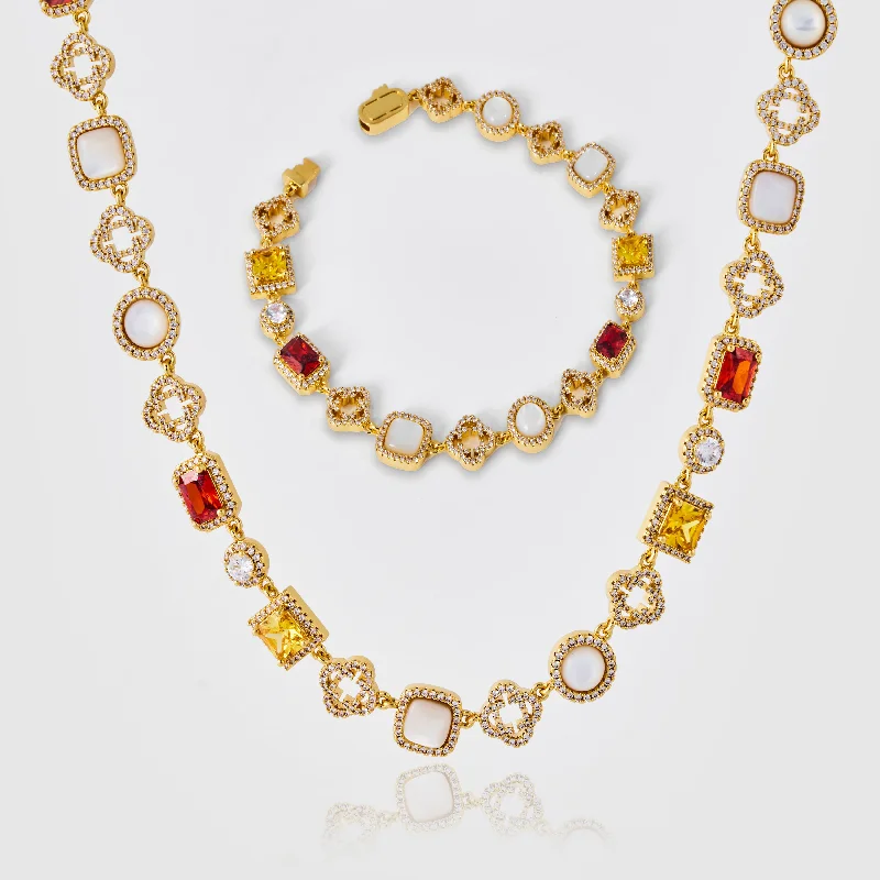 Pleated edge necklace-Iced Gemstone Set (Gold)