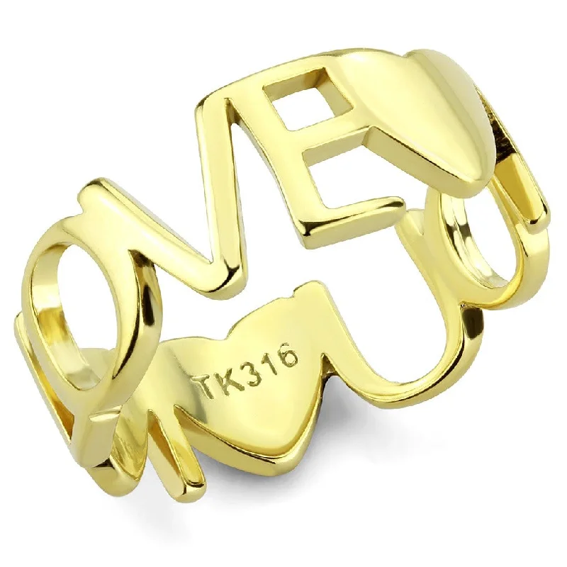 Ridge motif ring-Love You Lettering Between Heart Shape Womens Gold IP Stainless Steel Band