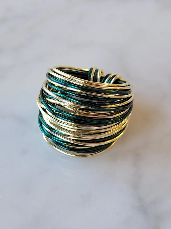 Flecked glaze ring-Marcia Wire Wrap Ring in Green and Gold