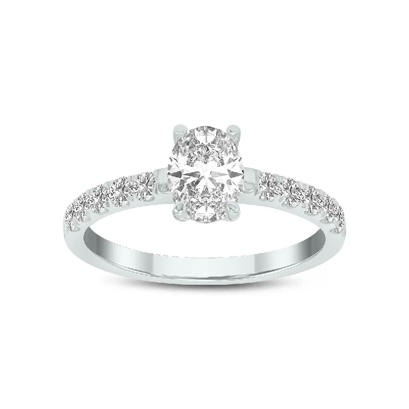 Shiny platinum ring-Marquee 1 3/8 Carat TW Oval Shape Lab Grown Diamond Engagement Ring in 14K White Gold