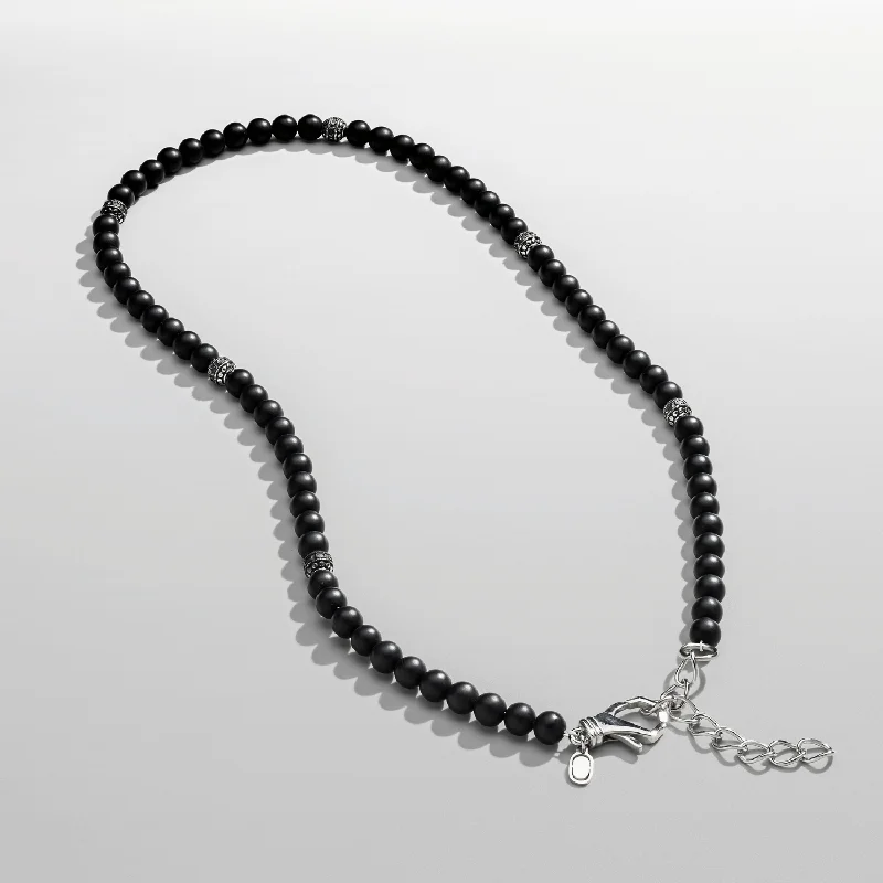 Pointed stone necklace-Matte Onyx Beaded Necklace (Silver)