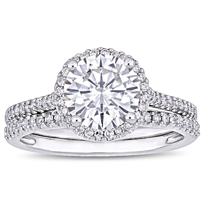 Rounded gem ring-Miadora 2ct DEW Moissanite and 1/3ct TDW Diamond Halo Bridal Ring Set in 14k White Gold