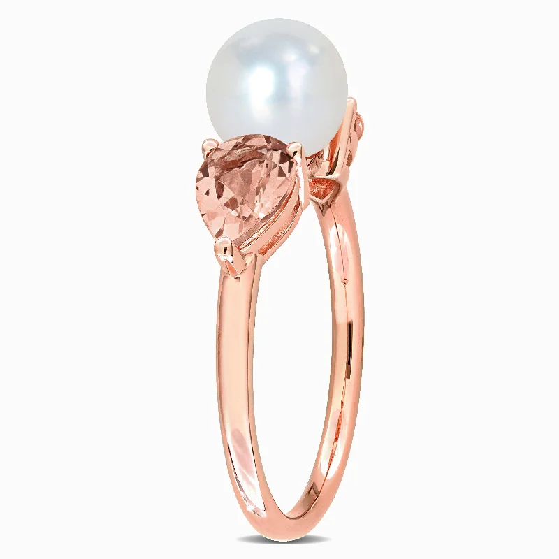 Peaked band ring-Miadora 7-7.5mm Cultured Freshwater Pearl 1 1/2ct TGW Morganite Promise Ring 14k Rose Gold