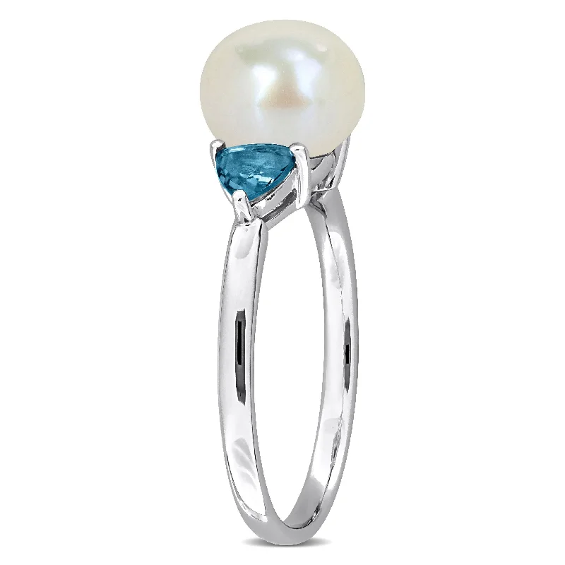 Aged rim ring-Miadora 8-8.5mm Cultured Freshwater Pearl 5/8ct TGW London Blue Topaz Ring 10k White Gold