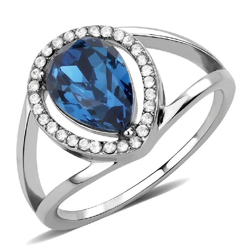 Surge design ring-Montana Blue Pear Cut CZ on Pear Shape Stainless Steel Womens Wedding Thin Band