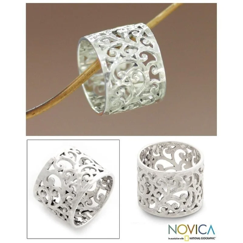 Dense gold ring-NOVICA Handmade Sterling Silver Floral Jewelry Band Ring