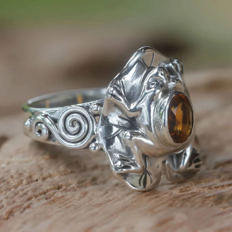 Jutting stone ring-NOVICA Handmade Sterling Silver Golden Rainforest Frog Citrine Ring (Indonesia)