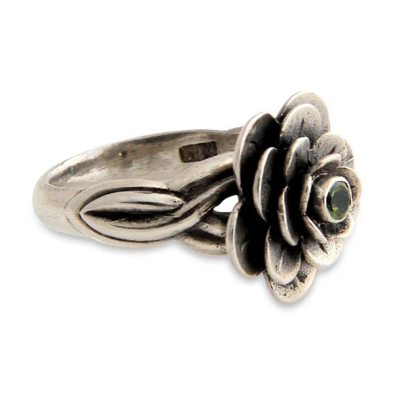 Offset gem ring-NOVICA Handmade Sterling Silver 'Holy Lotus' Peridot Flower Ring