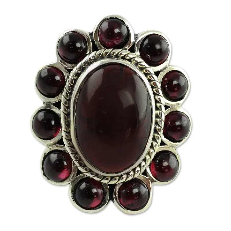 Pleated edge ring-NOVICA Handmade Sterling Silver 'Scarlet Petals' Garnet Ring (India)