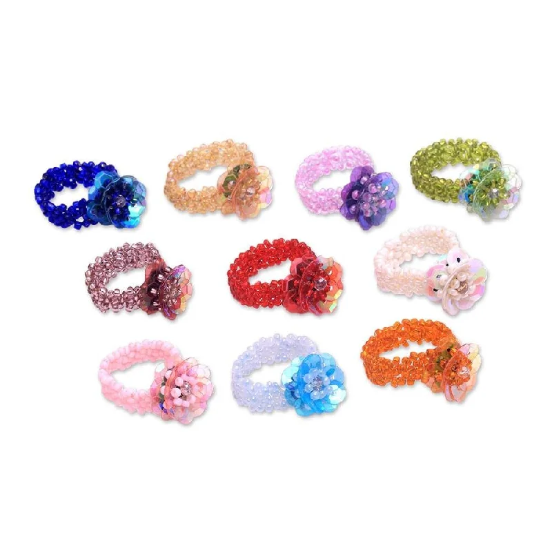 Buried stone ring-NOVICA Javanese Flora, Glass beaded stretch rings (set of 10)