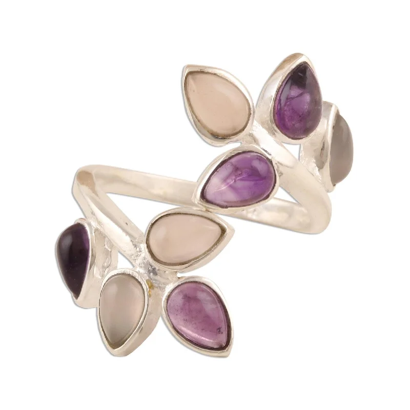 Twisted coil ring-NOVICA Leafy Glory, Amethyst and rose quartz cocktail ring