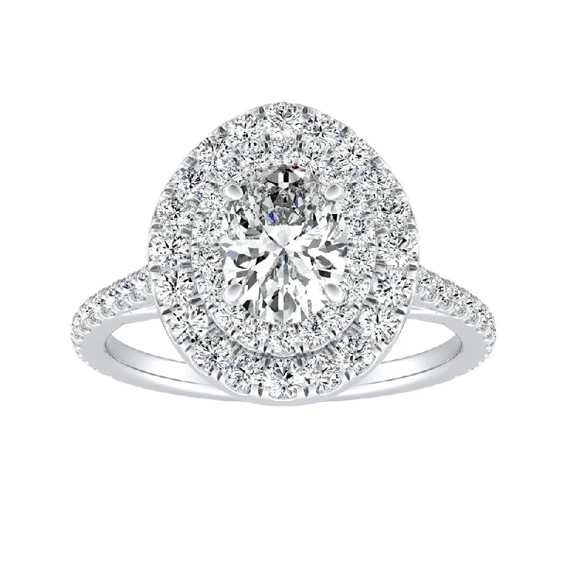 Shiny platinum ring-Oval Shape 1 1/2cttw Double Halo Diamond Engagement Ring 14k Gold by Auriya (I-J, I1-I2)