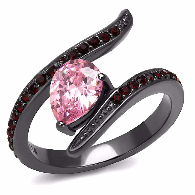 Retro amber ring-Pink Pear CZ and Red Round CZ set in IP Light Black Stainless Steel Band