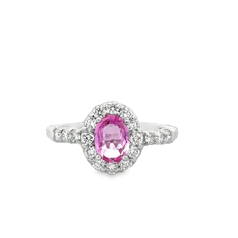 Uncut ruby ring-Pink Sapphire and Diamond Halo Ring in White Gold