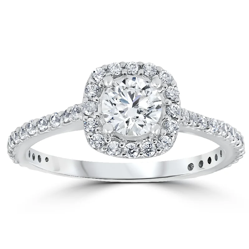 Edge-bezel ring-Platinum 1 1/5ct TDW Cushion Halo Round Diamond Engagement Ring