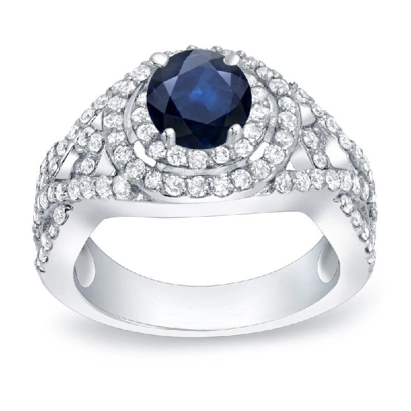 Sparkling cut ring-Platinum Round 1/2ct Sapphire and 1ct TDW Diamond Halo Engagement Ring by Auriya