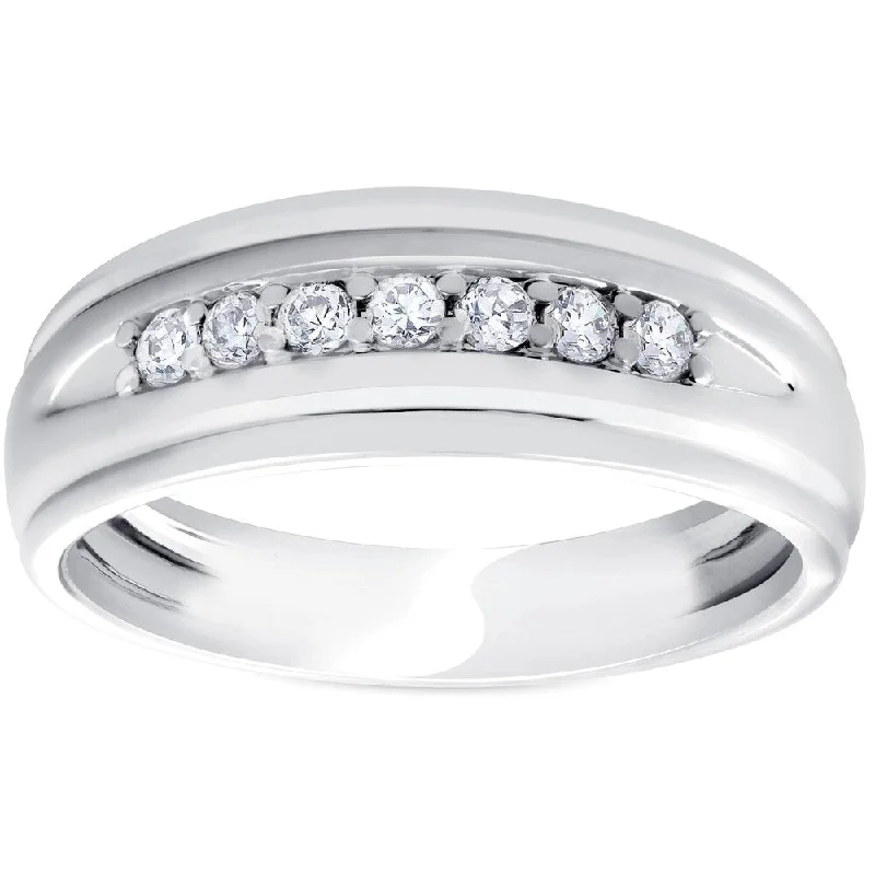 Sparkling cut ring-Pompeii3 10k White Gold 1/4 ct TDW Diamond 7 Stone Mens Ring High Polished Wedding Band