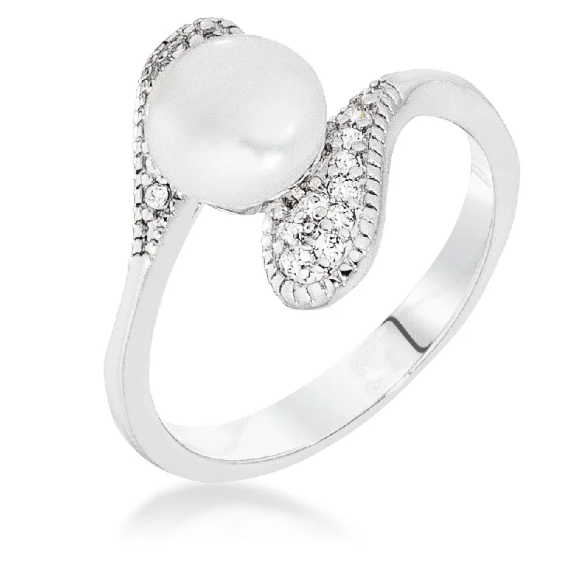 Faded rim ring-Rhodium Pearl Interlocked Double Teardrop Ring