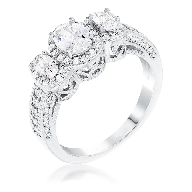 Heavy pave ring-Rhodium Plated 3-Stone Oval Cut Cubic Zirconia Halo Ring