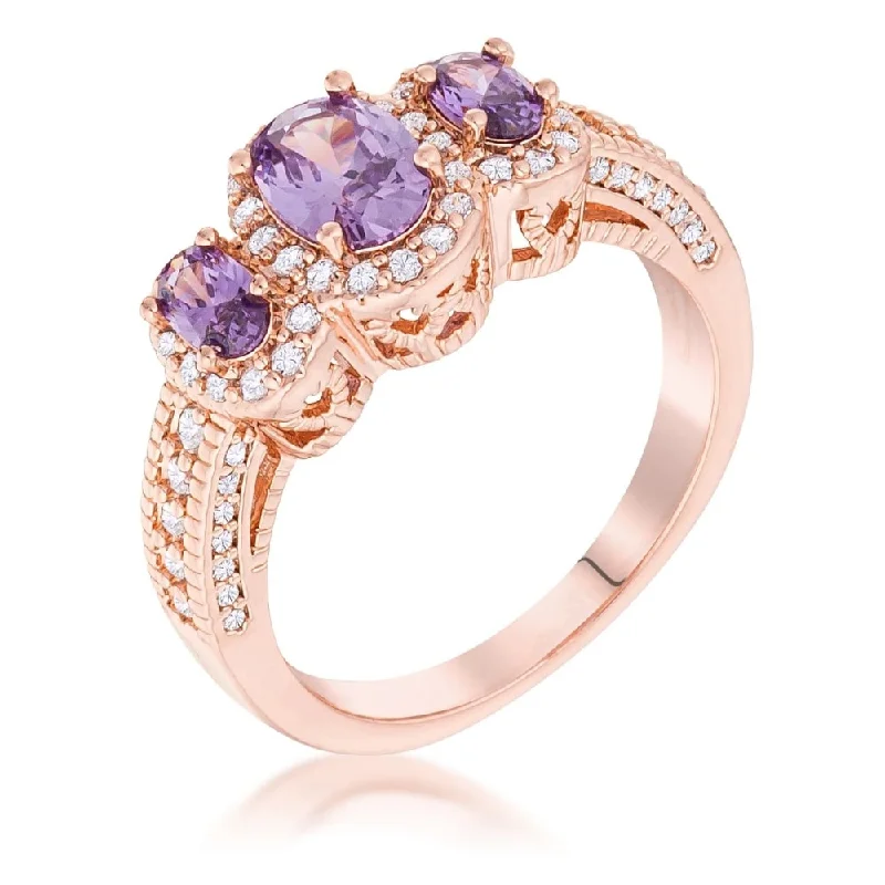 Quilted band ring-Rose Gold Plated 3-Stone Amethyst Oval Cut CZ Halo Ring - Rose-Gold-Purple