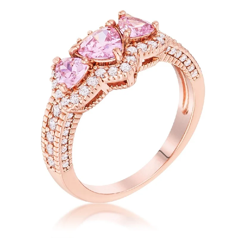 Dense gold ring-Rose Gold Plated 3-Stone Trillion Cut Pink CZ Halo Pave Ring - Rose-Gold-Tone