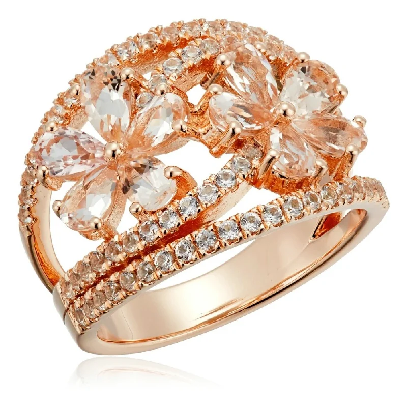 Stamped initial ring-Rose Gold-plated Silver Morganite and Created White Sapphire Bypass Flower Ring, Size 7